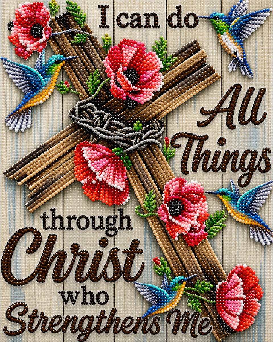 Close up of the finished Philippians 4:13 diamond painting, a wooden cross with red poppies and hummingbirds and the scripture verse