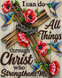Close up of the finished Philippians 4:13 diamond painting, a wooden cross with red poppies and hummingbirds and the scripture verse