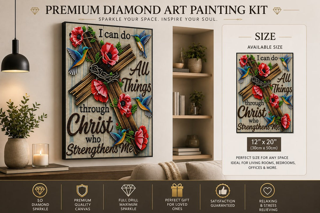 Philippians 4:13 scripture diamond painting framed on a wall, shown with the size chart