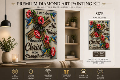 Philippians 4:13 scripture diamond painting framed on a wall, shown with the size chart