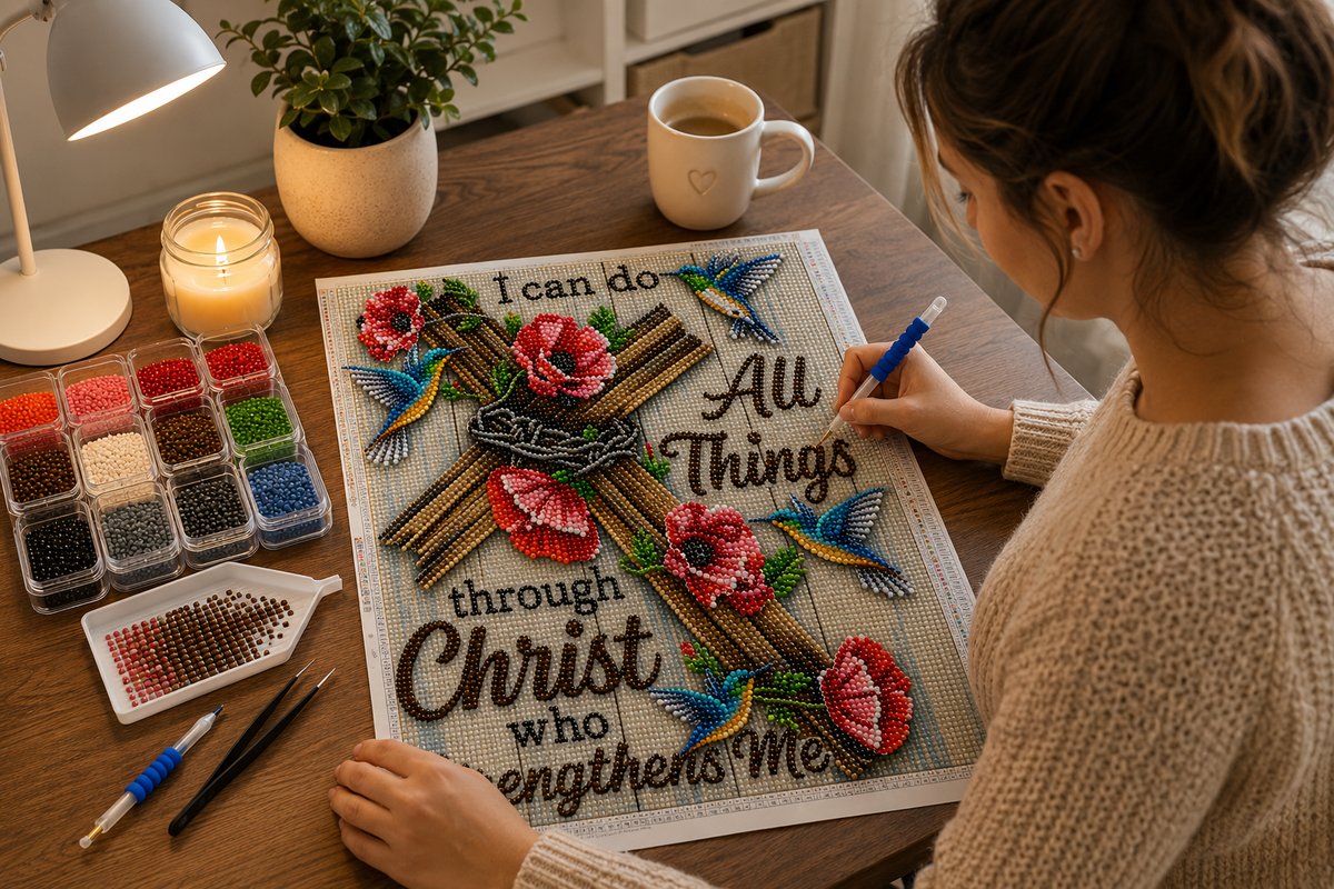 Working on the Philippians 4:13 kit at a cozy desk with warm lighting
