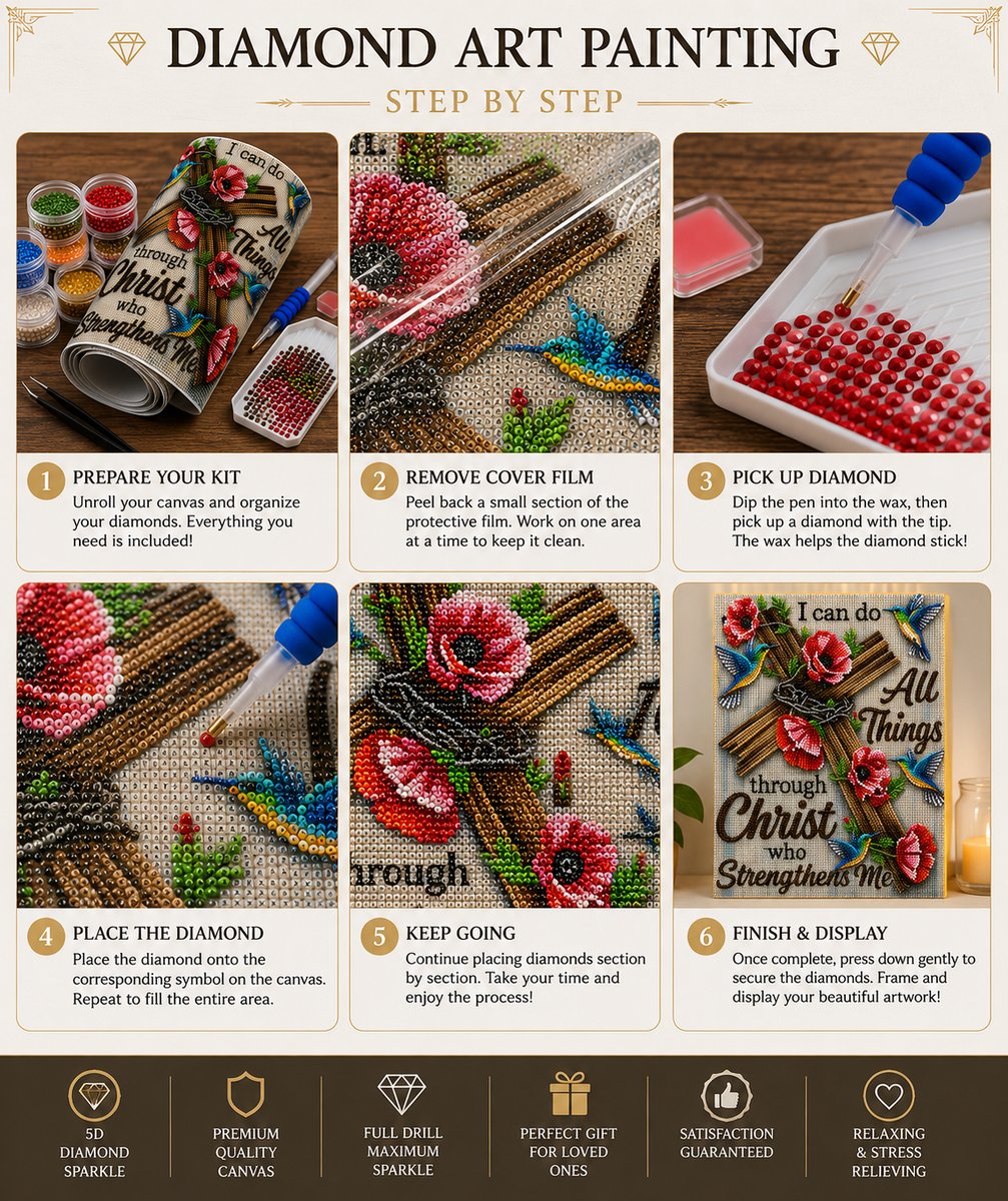 Step by step guide showing how to complete the Philippians 4:13 diamond painting