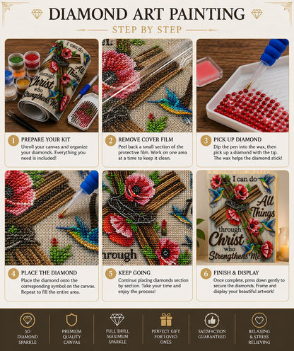 Step by step guide showing how to complete the Philippians 4:13 diamond painting
