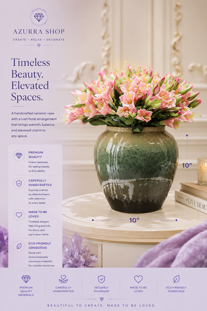 Lush pink lily arrangement overflowing from forest green glazed ceramic vase on white pedestal — Azurra Shop
