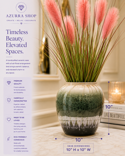 Pink pampas reed ceramic vase dimensions 10" H x 10" W with premium quality highlights — Azurra Shop

