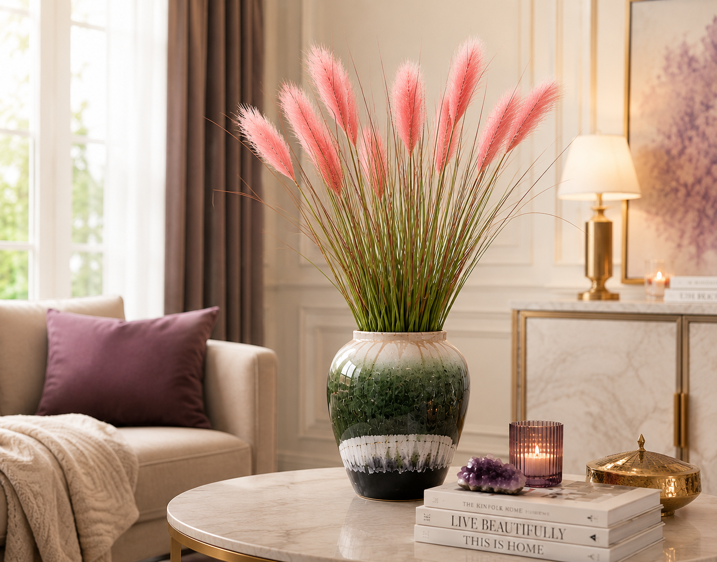 Pink pampas reed ceramic vase styled on marble coffee table in warm luxury living room — Azurra Shop
