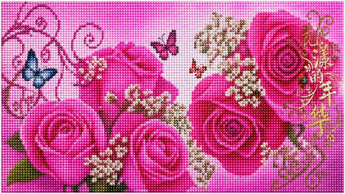Close up of the finished pink rose garden diamond painting in a wide panoramic format with butterflies and baby&