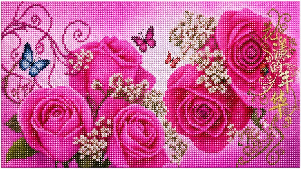 Close up of the finished pink rose garden diamond painting in a wide panoramic format with butterflies and baby&