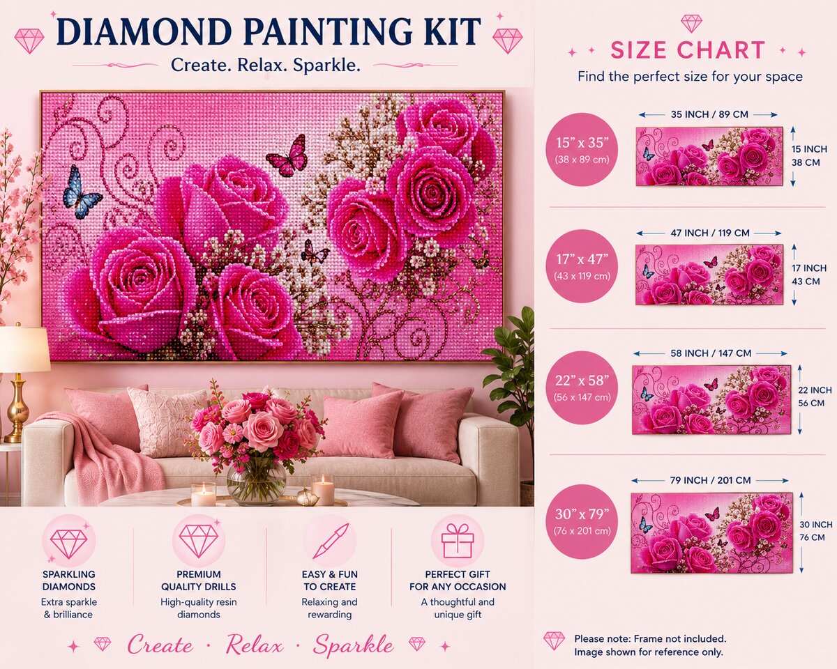 Framed pink rose garden diamond painting displayed above a living room sofa with pink pillows and fresh roses | Azurra Shop
