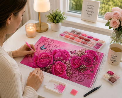 Working on the pink rose garden kit at a desk by a window with fresh roses, a candle, and diamond trays | Azurra Shop