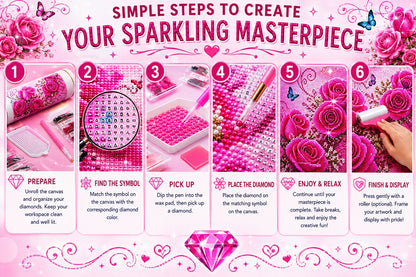 Six step guide showing how to complete the pink rose garden diamond painting | Azurra Shop