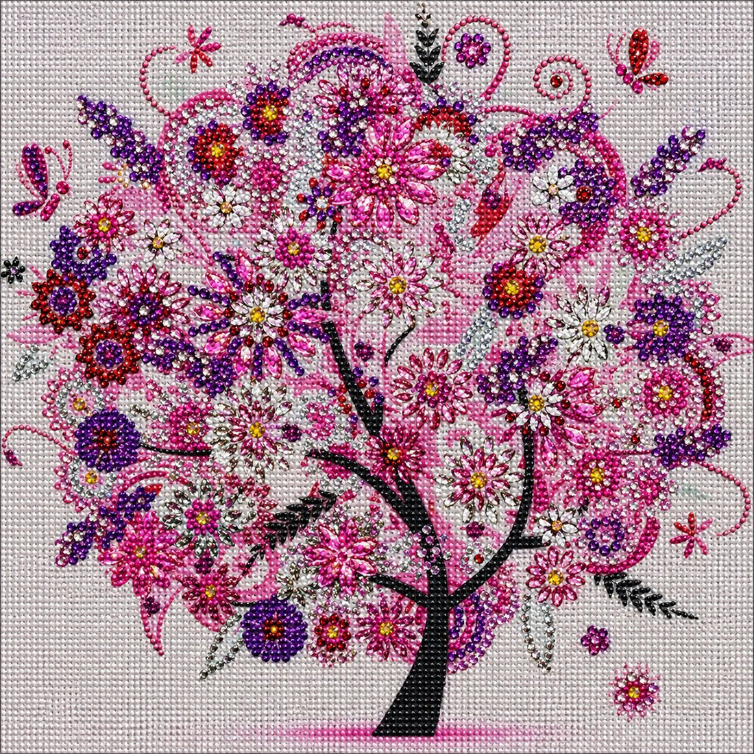 Finished pink fantasy flower tree diamond painting with sparkling pink purple and white blossoms and butterflies on white | Azurra Shop