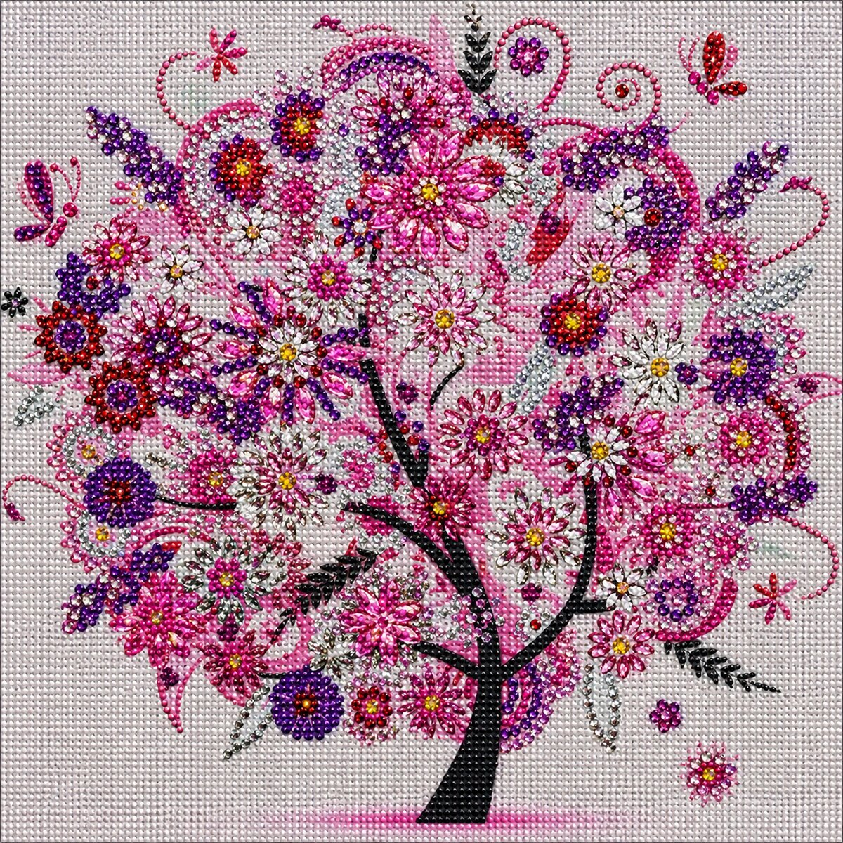 Finished pink fantasy flower tree diamond painting with sparkling pink purple and white blossoms and butterflies on white | Azurra Shop