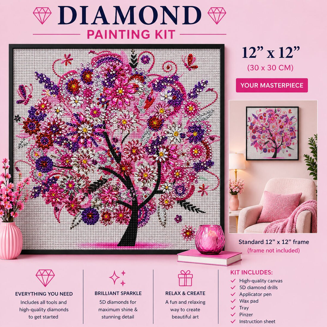 Pink fantasy flower tree diamond painting framed on a pink wall, 12 by 12 inch size | Azurra Shop