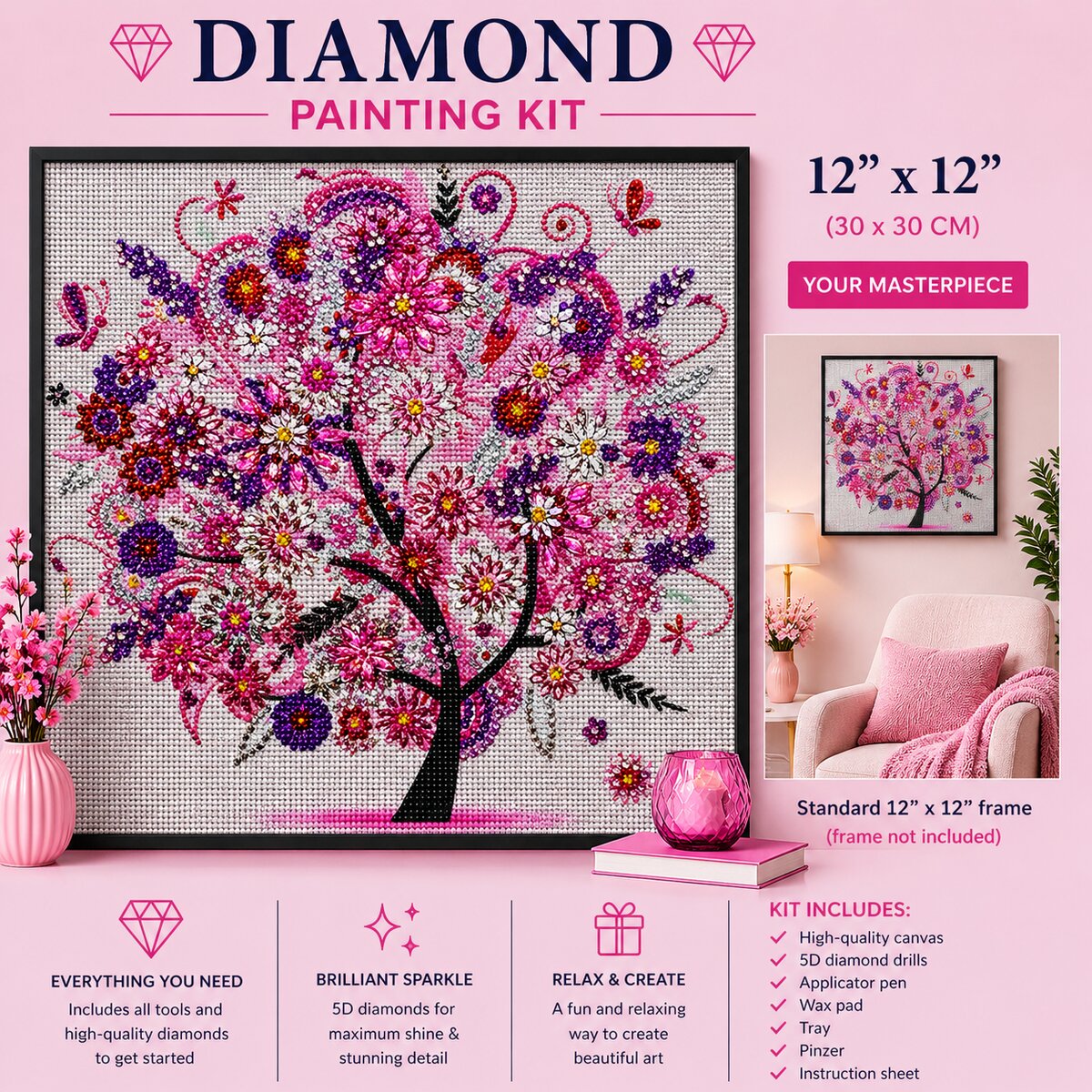 Pink fantasy flower tree diamond painting framed on a pink wall, 12 by 12 inch size | Azurra Shop