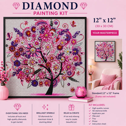 Pink fantasy flower tree diamond painting framed on a pink wall, 12 by 12 inch size | Azurra Shop