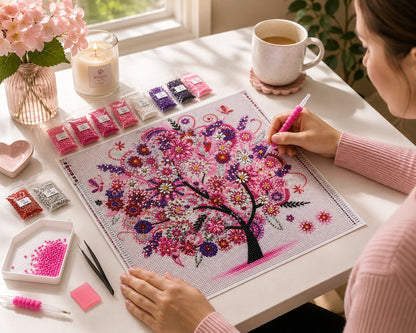 Woman placing diamonds on the pink fantasy flower tree canvas at a table with coffee and candle | Azurra Shop