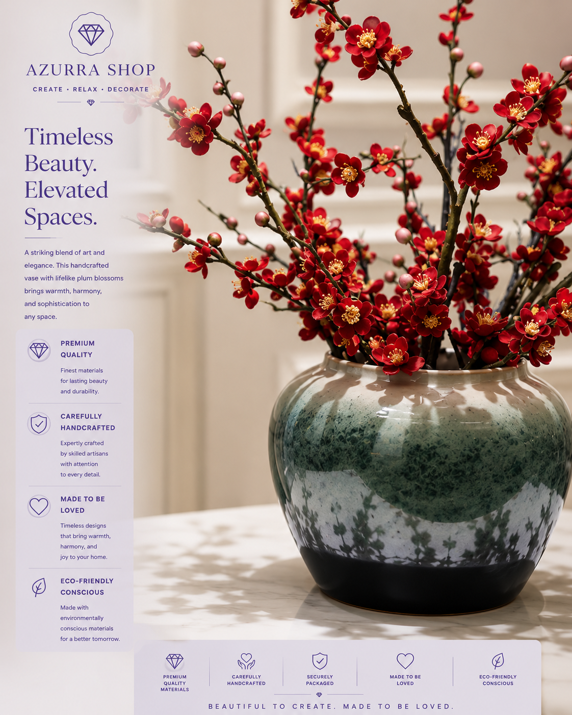 Close-up of vivid red plum blossoms and buds on sculptural branches in glazed green ceramic vase — Azurra Shop
