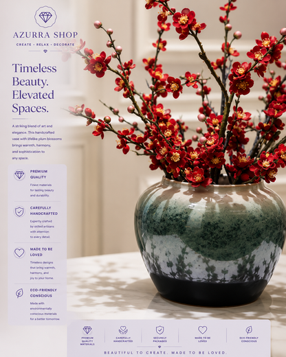Close-up of vivid red plum blossoms and buds on sculptural branches in glazed green ceramic vase — Azurra Shop

