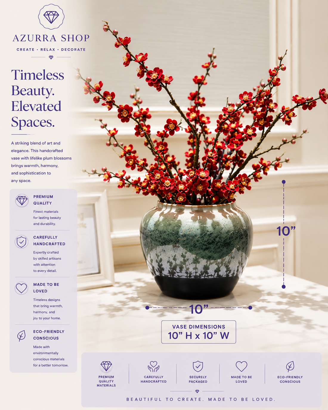 Red plum blossom ceramic vase dimensions 10" H x 10" W with premium quality highlights — Azurra Shop
