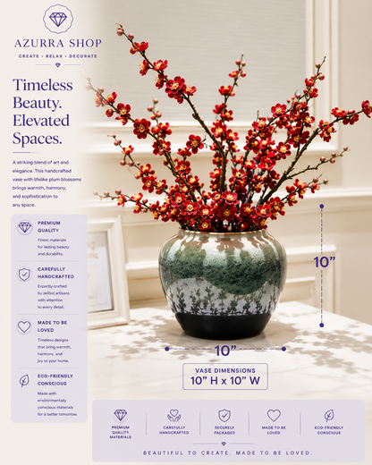 Red plum blossom ceramic vase dimensions 10" H x 10" W with premium quality highlights — Azurra Shop
