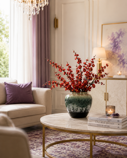 Red plum blossom ceramic vase styled on marble coffee table in lavender luxury living room with chandelier — Azurra Shop
