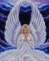 Close up of the finished praying angel diamond painting, a kneeling angel in white robes with wide feathered wings against a night sky