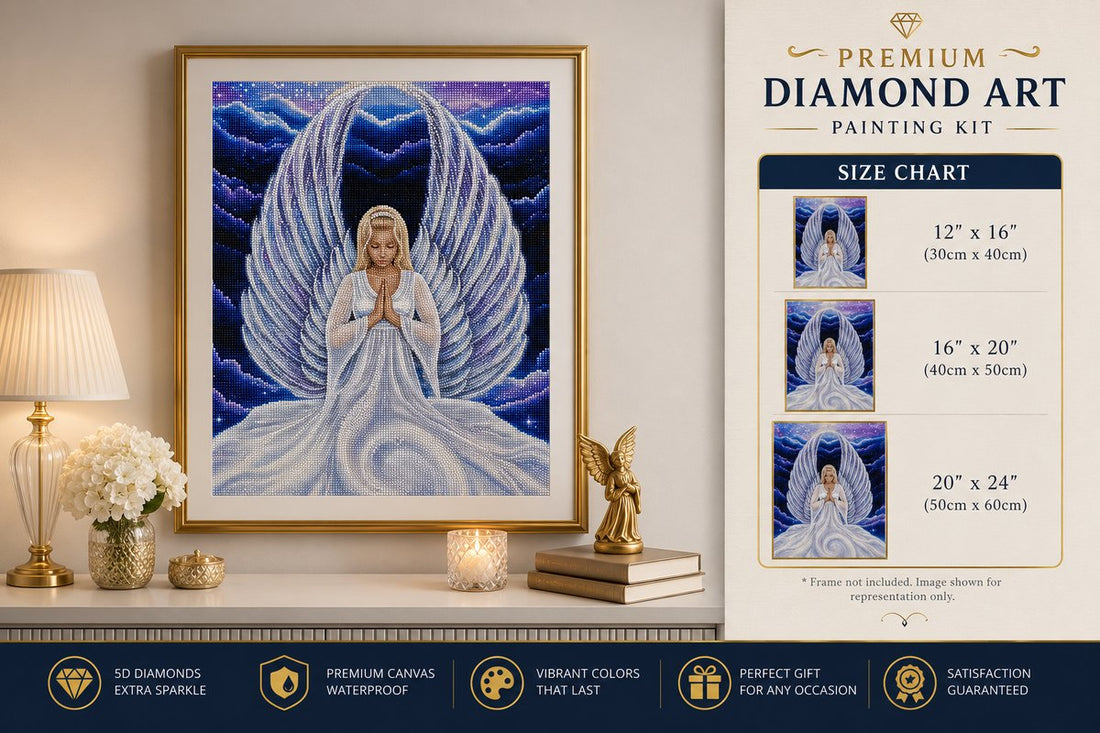Praying angel with white wings diamond painting framed on a wall, shown with the size chart