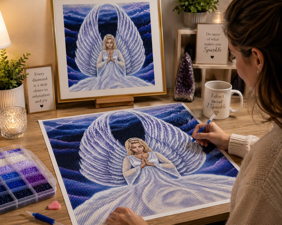 Working on the praying angel kit at a cozy desk with warm lighting
