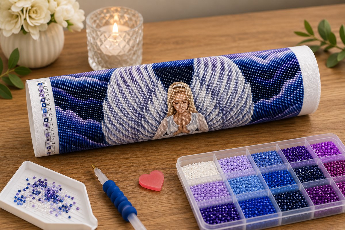 Rolled canvas and full supplies for the praying angel kit, including drill trays, applicator pen, and tweezers
