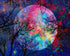 Finished prismatic full moon diamond painting with a rainbow colored moon glowing behind bare winter tree branches | Azurra Shop