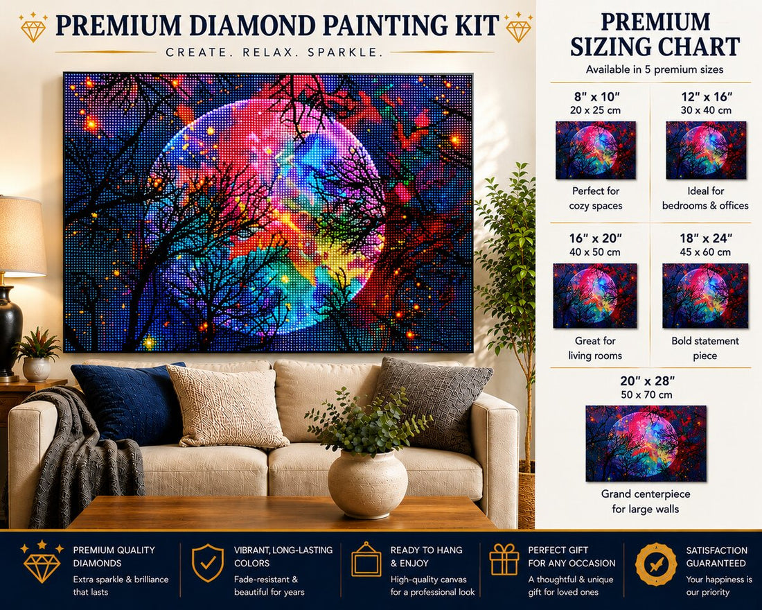 Prismatic full moon diamond painting framed above a living room sofa, available in 5 sizes from 8 by 10 to 20 by 28 inches | Azurra Shop