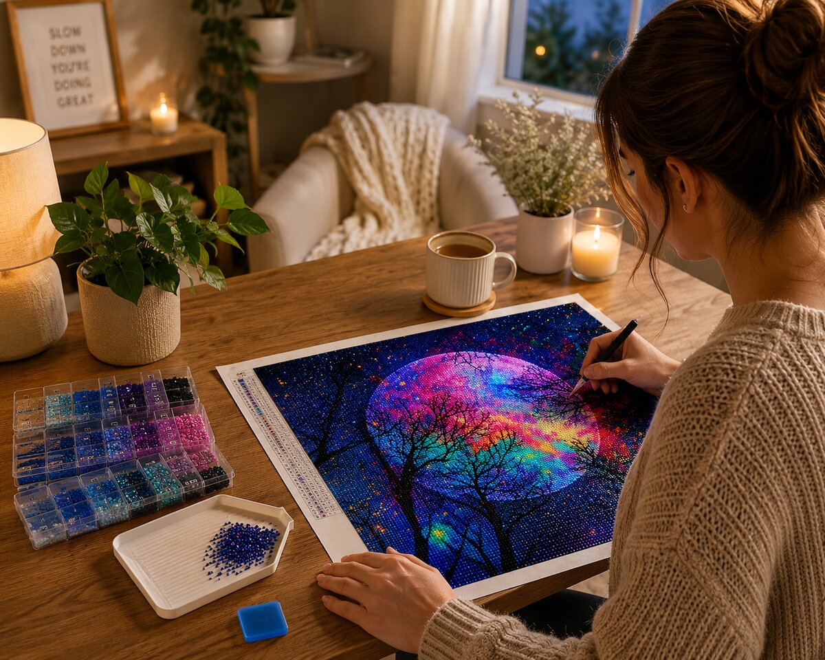 Woman placing diamonds on the prismatic full moon canvas at a desk with coffee and a candle | Azurra Shop
