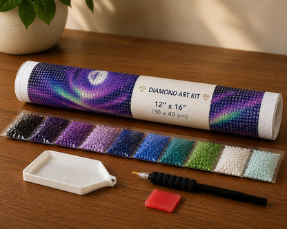 Diamond painting kit supplies including rolled canvas, numbered diamond bags, tray, and applicator pen | Azurra Shop