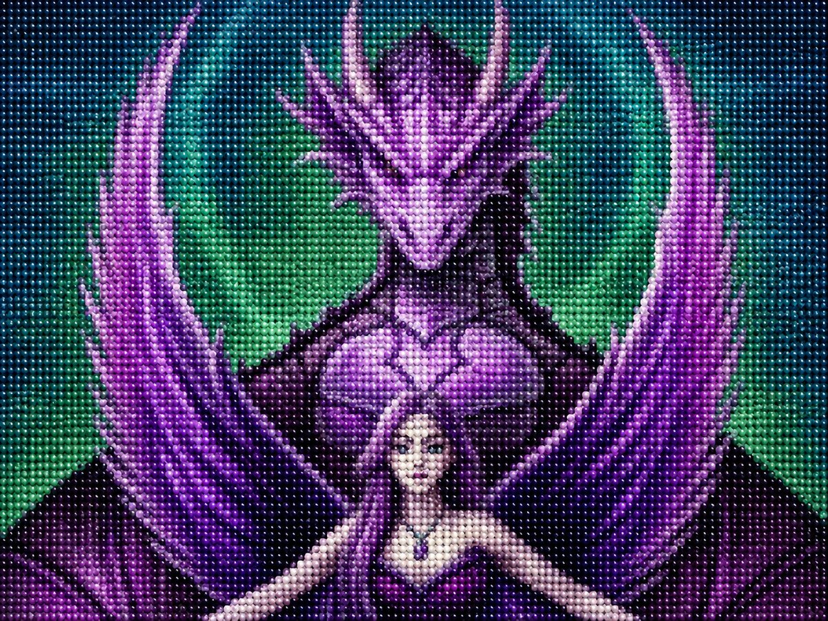 Finished purple dragon guardian diamond painting with a woman standing before a large purple dragon with wings spread against a green glow | Azurra Shop
