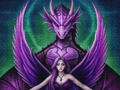 Finished purple dragon guardian diamond painting with a woman standing before a large purple dragon with wings spread against a green glow | Azurra Shop