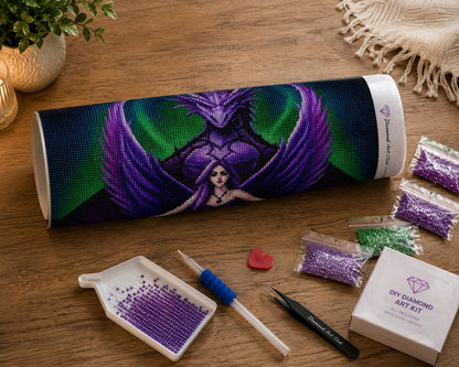Diamond painting kit supplies including rolled canvas, sorted diamond bags, applicator pen, and tweezers | Azurra Shop