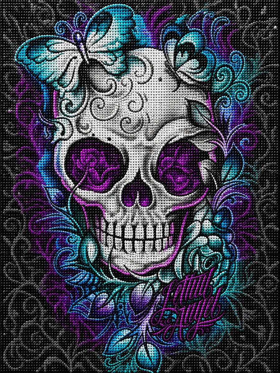 Close up of the finished teal butterfly sugar skull diamond painting with a teal butterfly, purple roses in the eyes, and swirling floral patterns | Azurra Shop