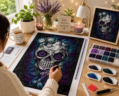 Working on the teal butterfly sugar skull kit at a desk by a window with lavender, string lights, and a framed finished piece nearby | Azurra Shop