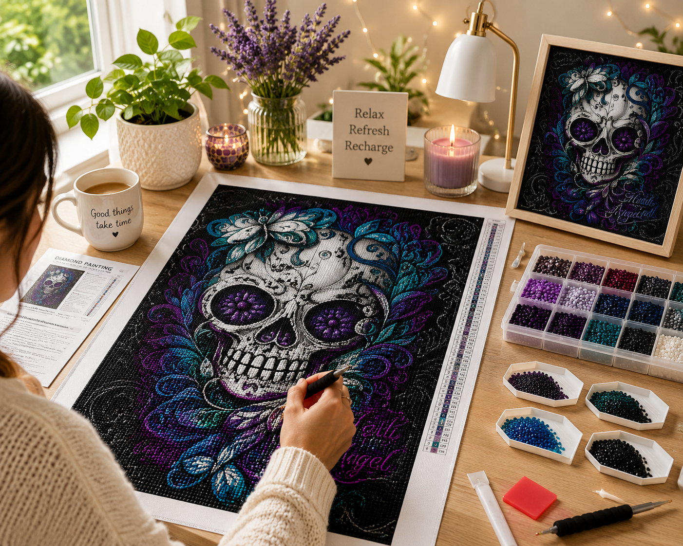 Teal Butterfly Sugar Skull with Rose Eyes Diamond Painting Kit – woman placing diamond drills on large sugar skull canvas at bright boho desk with multi-compartment diamond organizer, sorting trays, instruction sheet, completed framed art, lavender bouquet, candle, "Relax Refresh Recharge" sign, and "Good Things Take Time" mug
