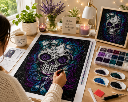 Teal Butterfly Sugar Skull with Rose Eyes Diamond Painting Kit – woman placing diamond drills on large sugar skull canvas at bright boho desk with multi-compartment diamond organizer, sorting trays, instruction sheet, completed framed art, lavender bouquet, candle, "Relax Refresh Recharge" sign, and "Good Things Take Time" mug
