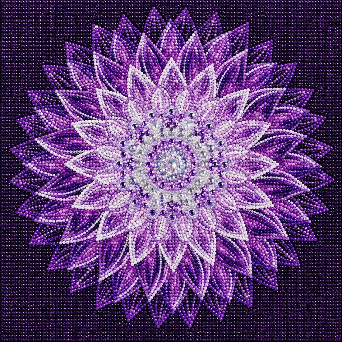 Finished purple star dahlia mandala diamond painting with white tipped purple petals radiating from a sparkling center | Azurra Shop
