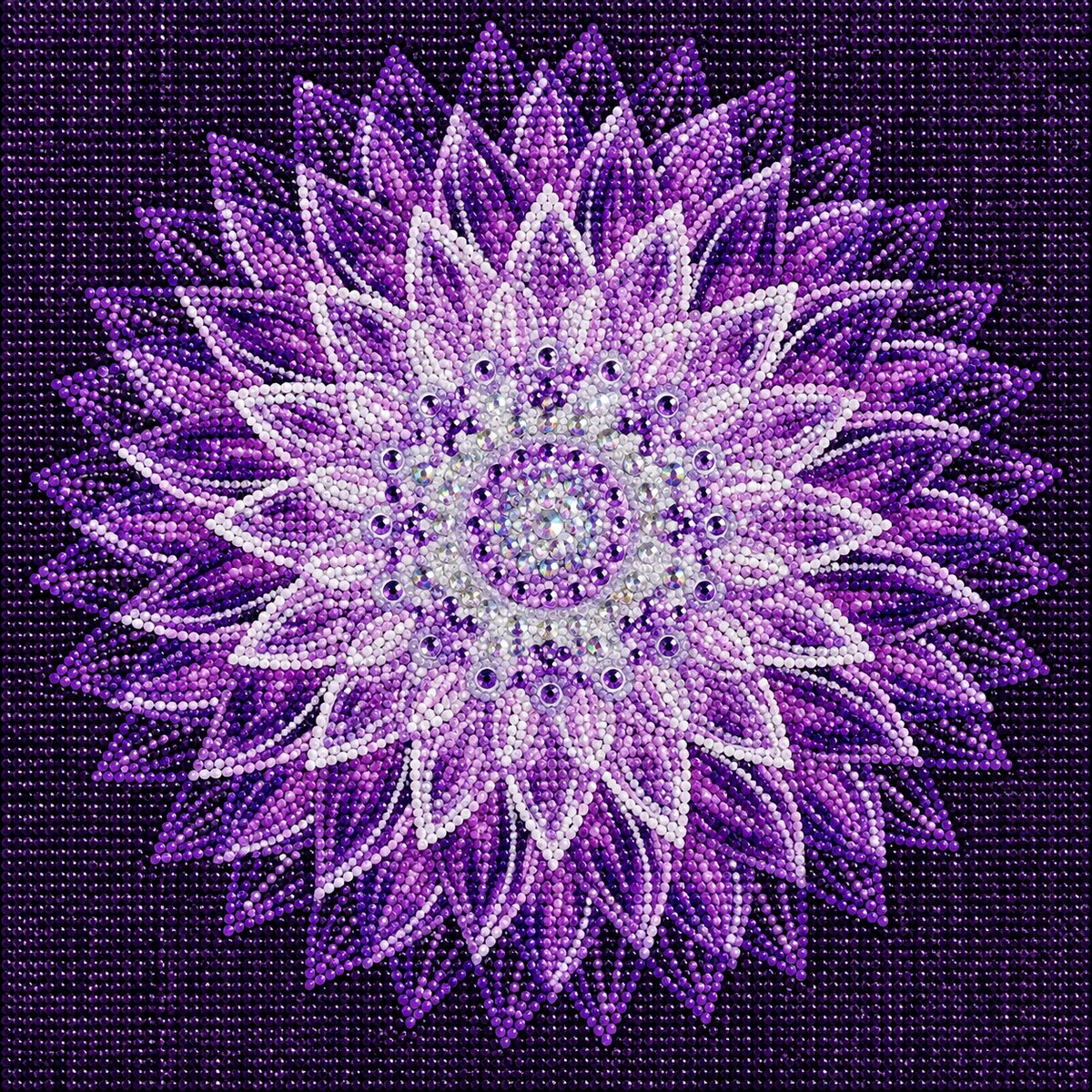 Finished purple star dahlia mandala diamond painting with white tipped purple petals radiating from a sparkling center | Azurra Shop