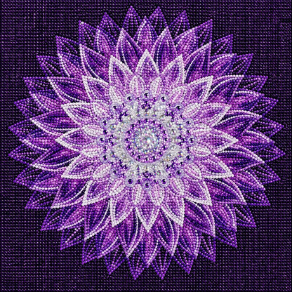 Finished purple star dahlia mandala diamond painting with white tipped purple petals radiating from a sparkling center | Azurra Shop