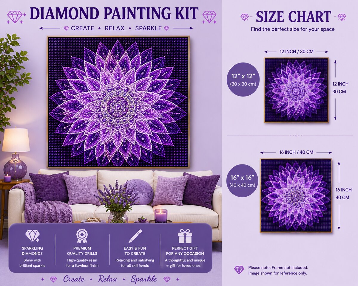 Purple star dahlia mandala diamond painting framed on a wall, available in a 12 by 12 and 16 by 16 inch size | Azurra Shop