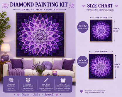 Purple star dahlia mandala diamond painting framed on a wall, available in a 12 by 12 and 16 by 16 inch size | Azurra Shop