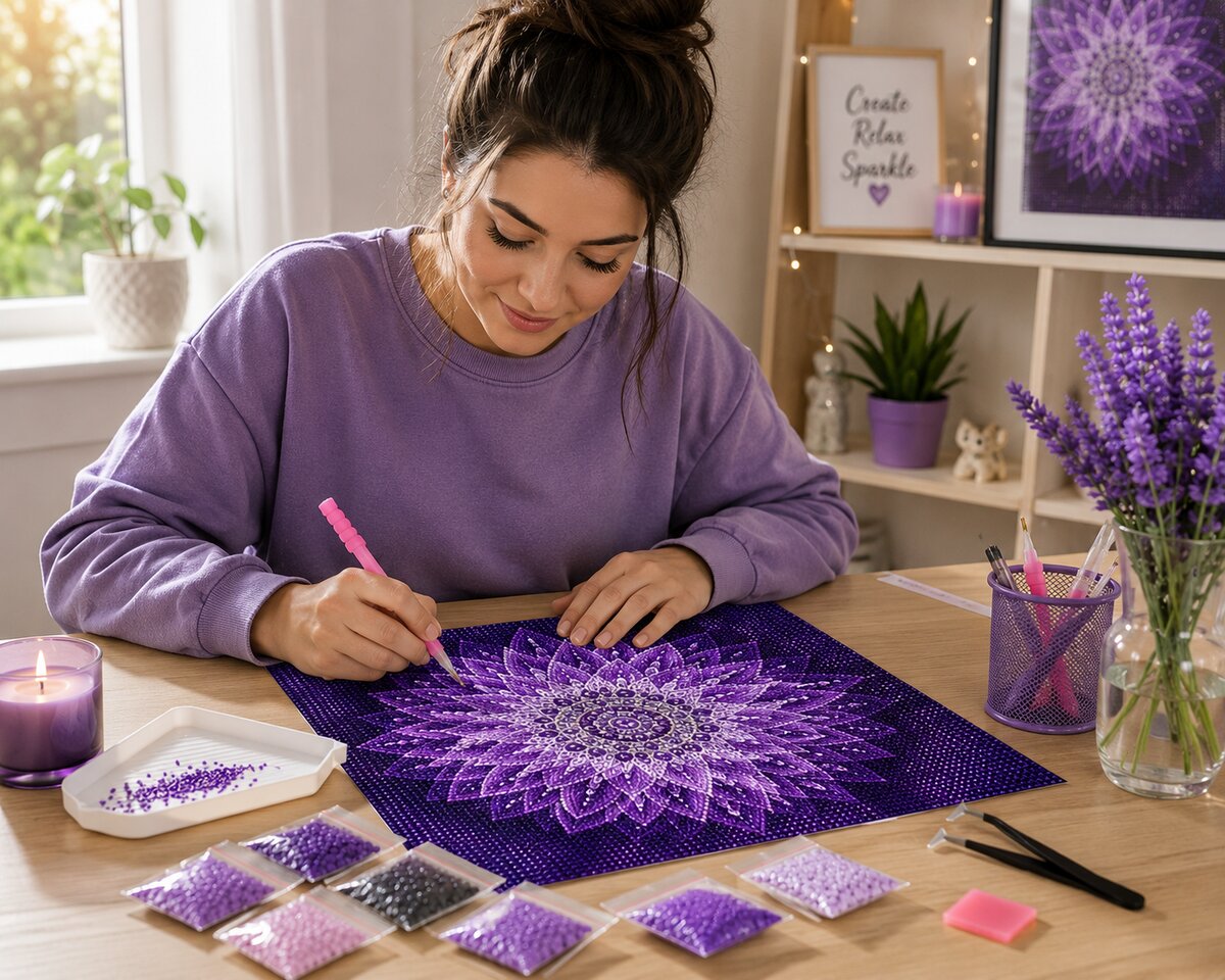 Woman placing diamonds on the purple star dahlia mandala canvas at a desk with lavender and a candle | Azurra Shop