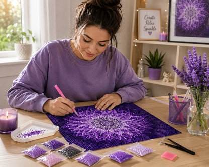 Woman placing diamonds on the purple star dahlia mandala canvas at a desk with lavender and a candle | Azurra Shop
