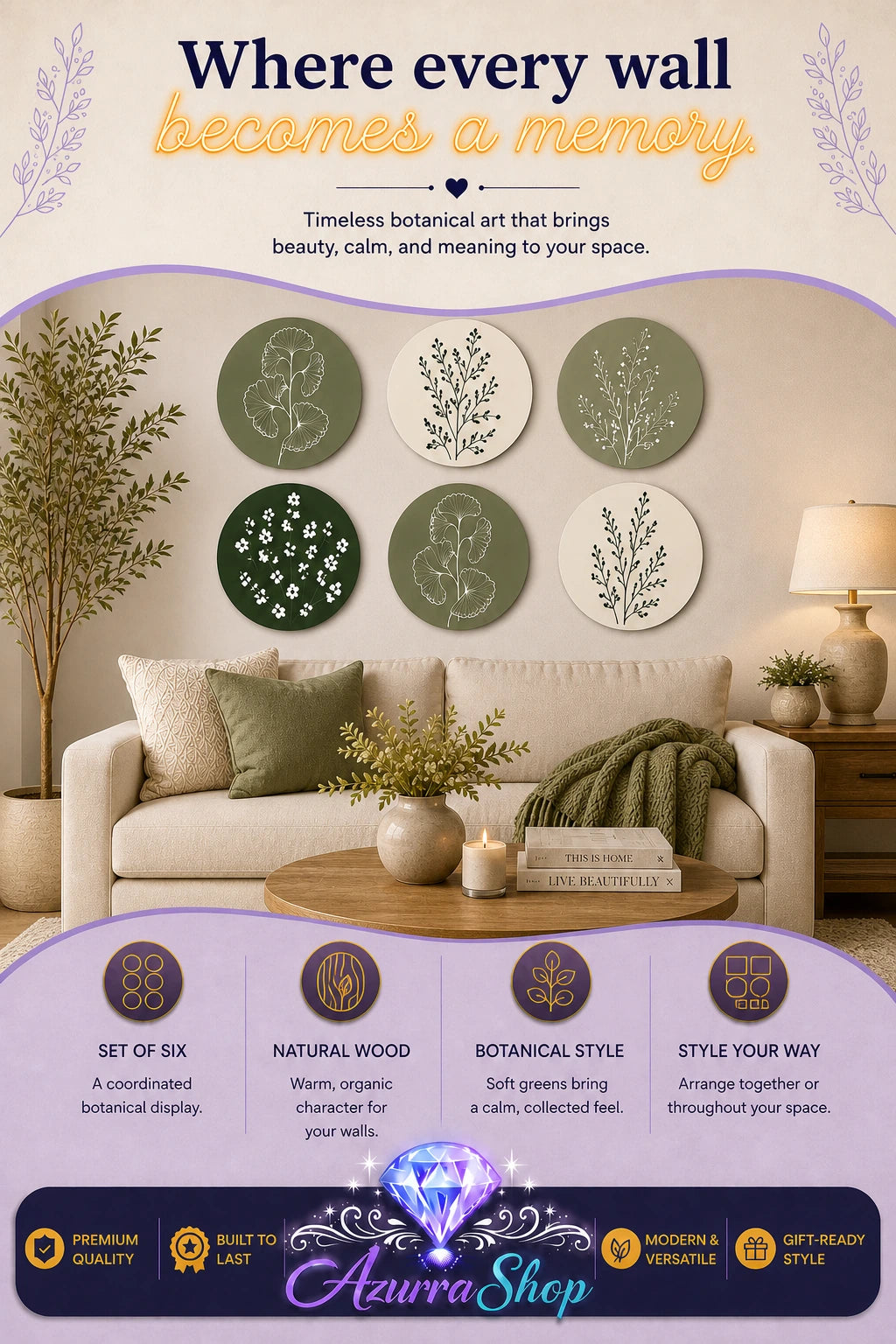 Promotional graphic for a set of six round wooden botanical wall art prints in green, cream, and black tones, arranged in a gallery wall above a beige sofa and console table