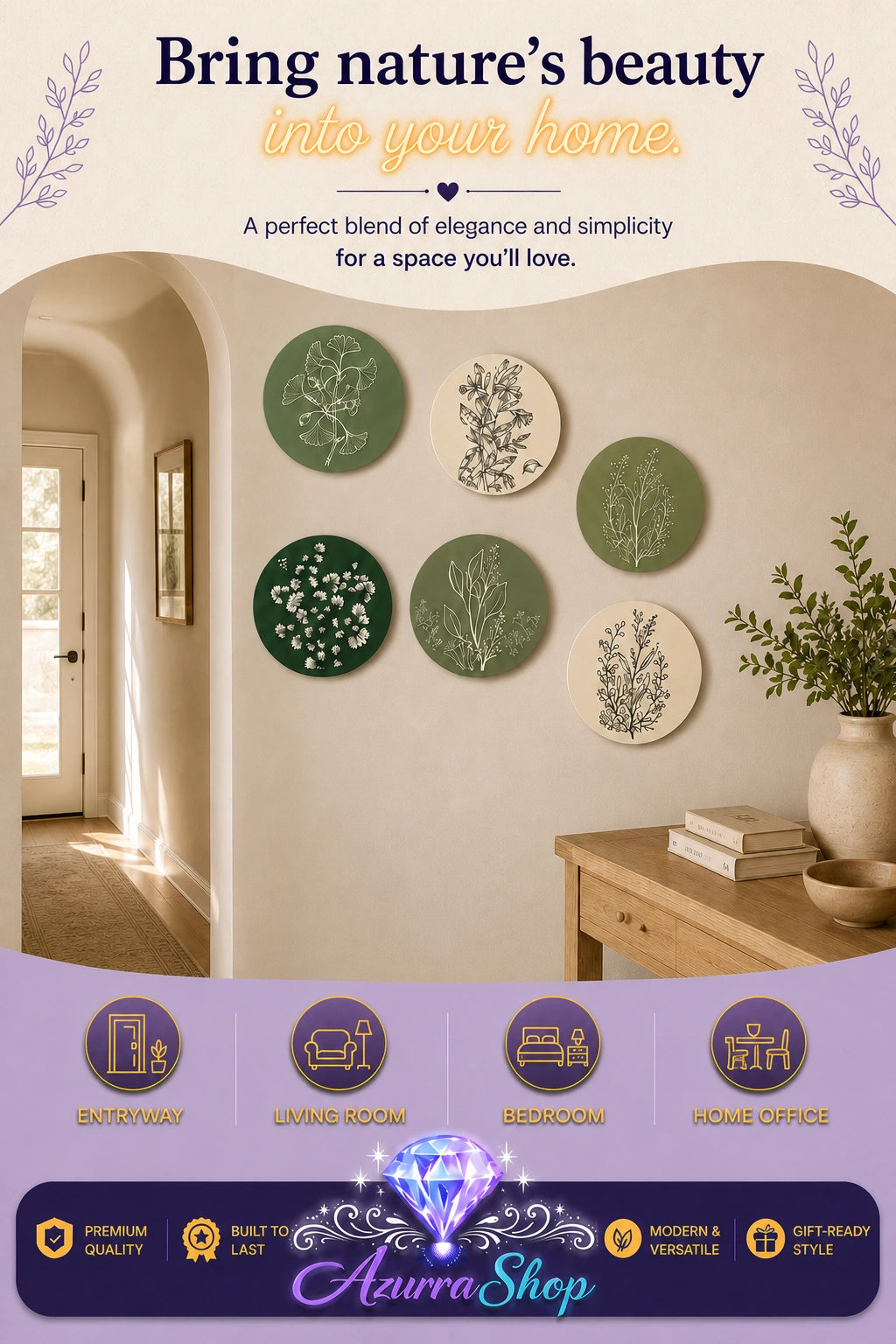 Promotional graphic showing six round botanical wall art prints in sage green and cream tones, displayed together above a wooden console table in an entryway hallway